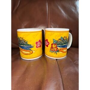 Hilo Hattie Oahu Hawaii Coffee Mug Set of 2 Yellow Vintage 2002 Island Heritage